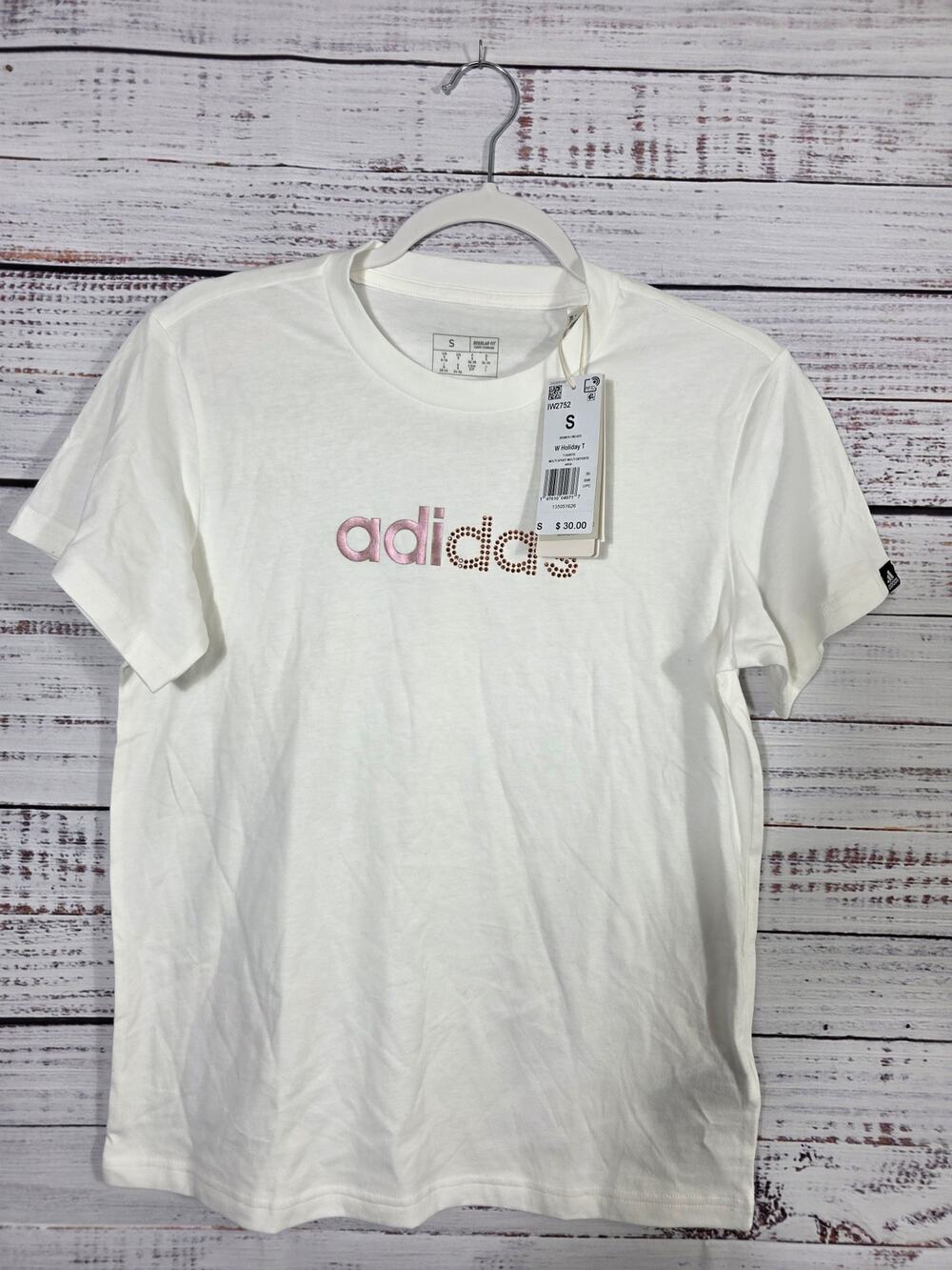 Adidas Womens Logo T-Shirt White Pink Rhinestone Small NWT